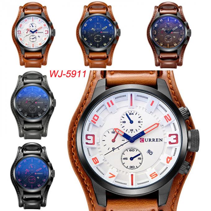 Orologio leggero blu impermeabile del cuoio del quarzo dell'orologio del calendario del quadrante degli uomini casuali di qualità superiore di WJ-5911 CURREN 8225